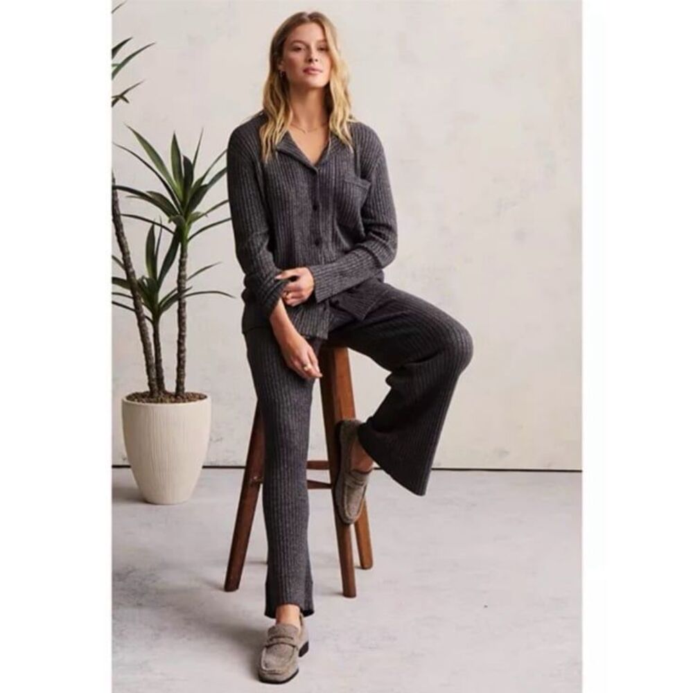 Barefoot Dreams CozyChic Ultra Lite Lurex Rib Wide Leg Pants in Carbon Grey XL